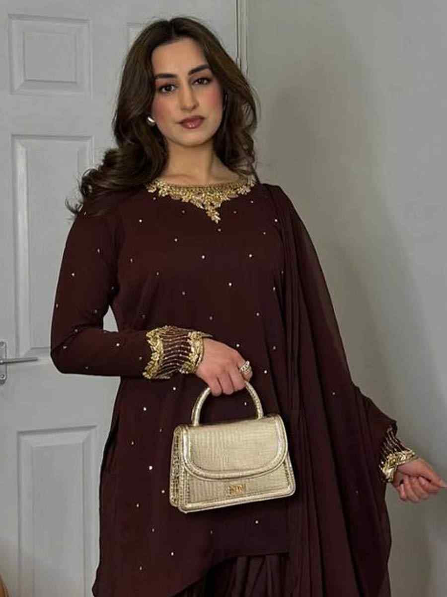 Coffee Brown Heavy Faux Georgette Embroidered Festival Casual Ready Farsi Pant Salwar Kameez