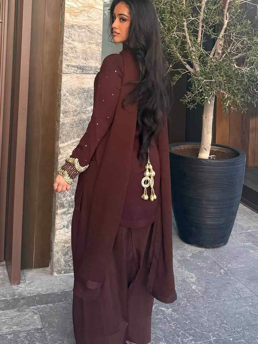 Coffee Brown Heavy Faux Georgette Embroidered Festival Casual Ready Farsi Pant Salwar Kameez