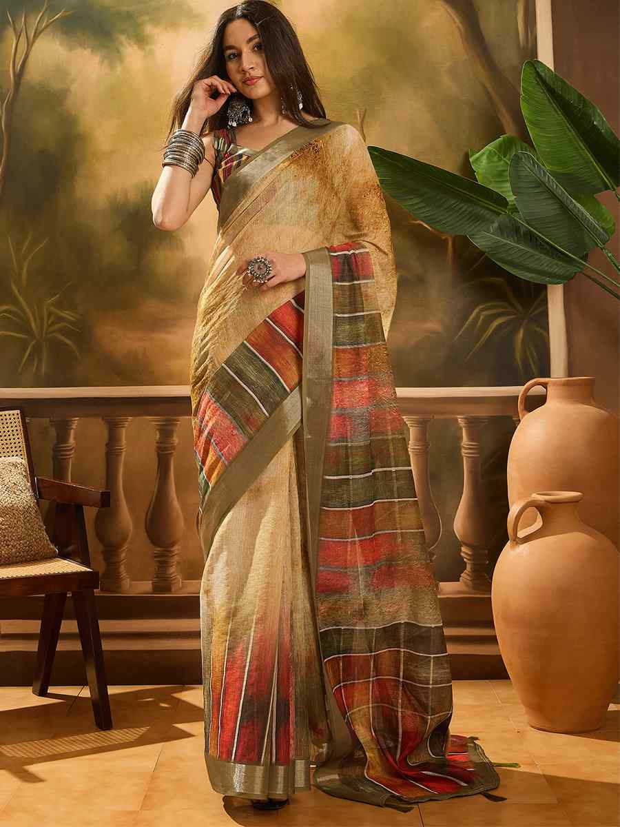 Coffee Brown Linen Cotton Blend Printed Casual Reception Festival Wedding Fancy Classic Style Sarees