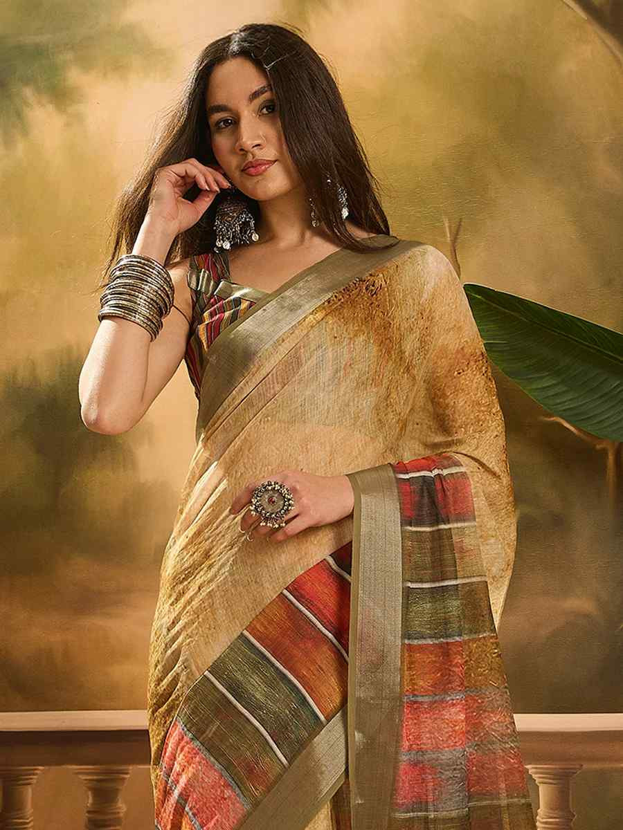 Coffee Brown Linen Cotton Blend Printed Casual Reception Festival Wedding Fancy Classic Style Sarees