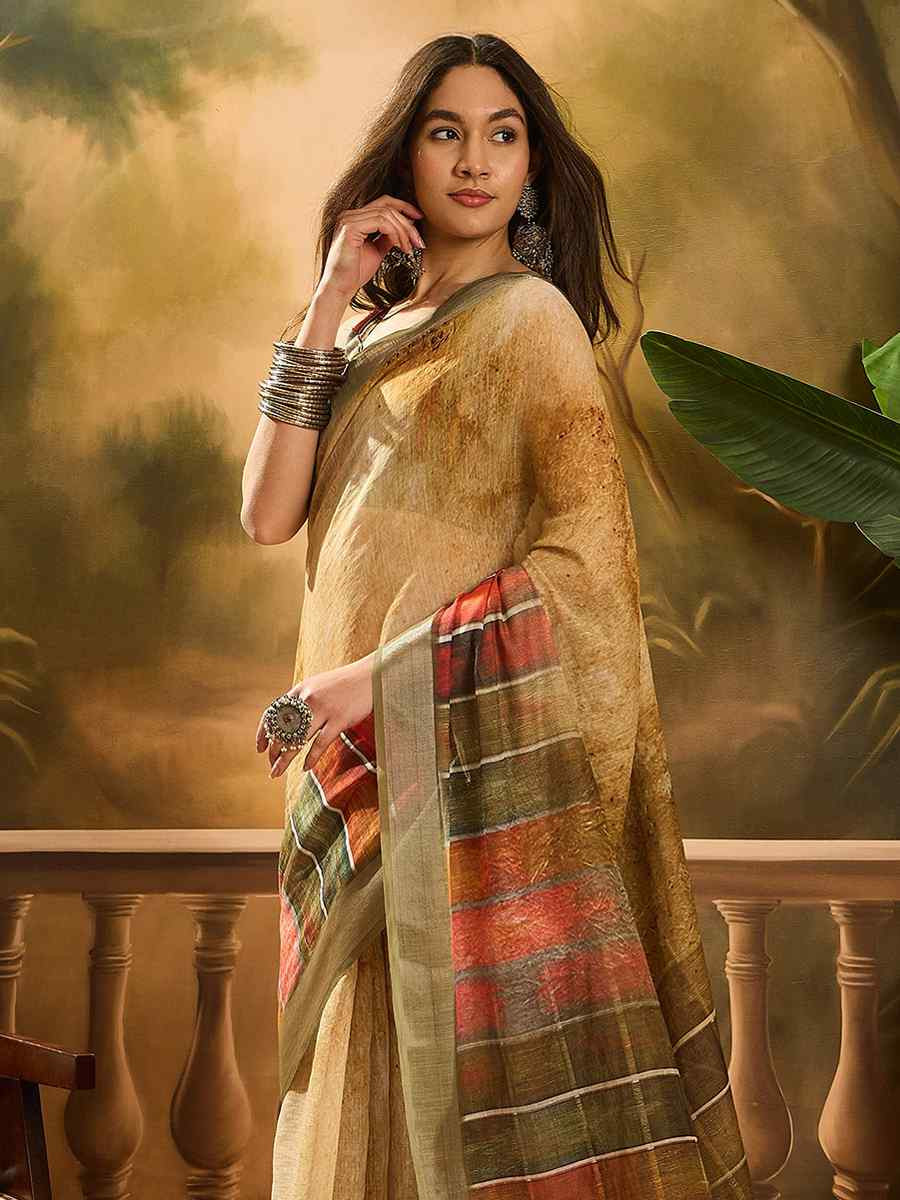 Coffee Brown Linen Cotton Blend Printed Casual Reception Festival Wedding Fancy Classic Style Sarees