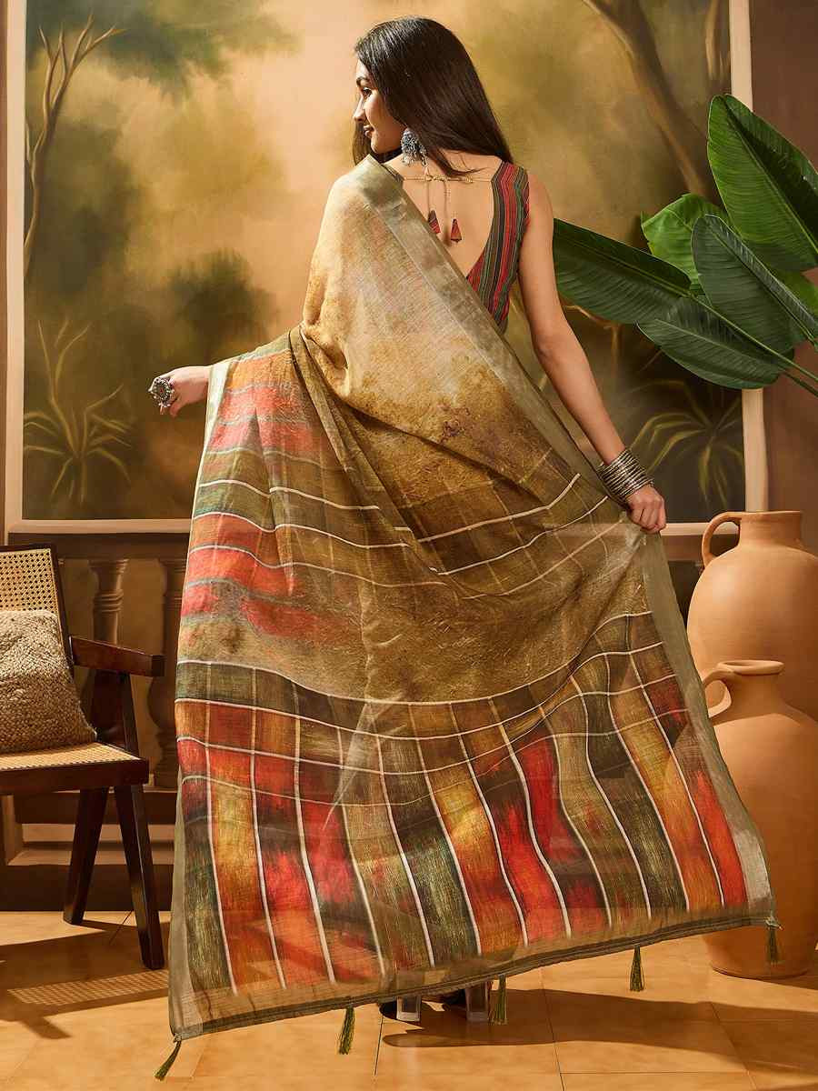 Coffee Brown Linen Cotton Blend Printed Casual Reception Festival Wedding Fancy Classic Style Sarees