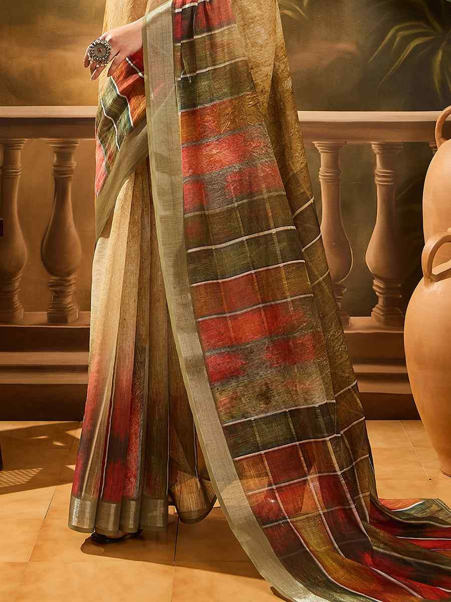 Coffee Brown Linen Cotton Blend Printed Casual Reception Festival Wedding Fancy Classic Style Sarees