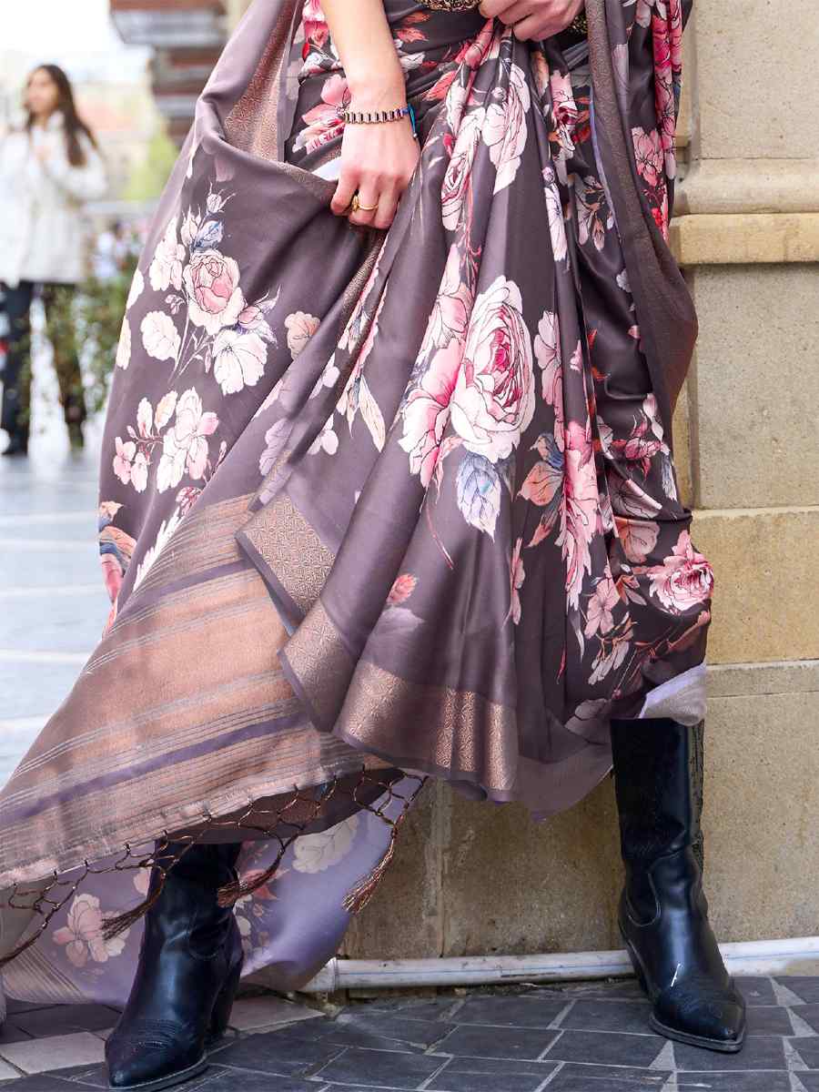 Coffee Brown Silk Printed Casual Party Classic Style Saree