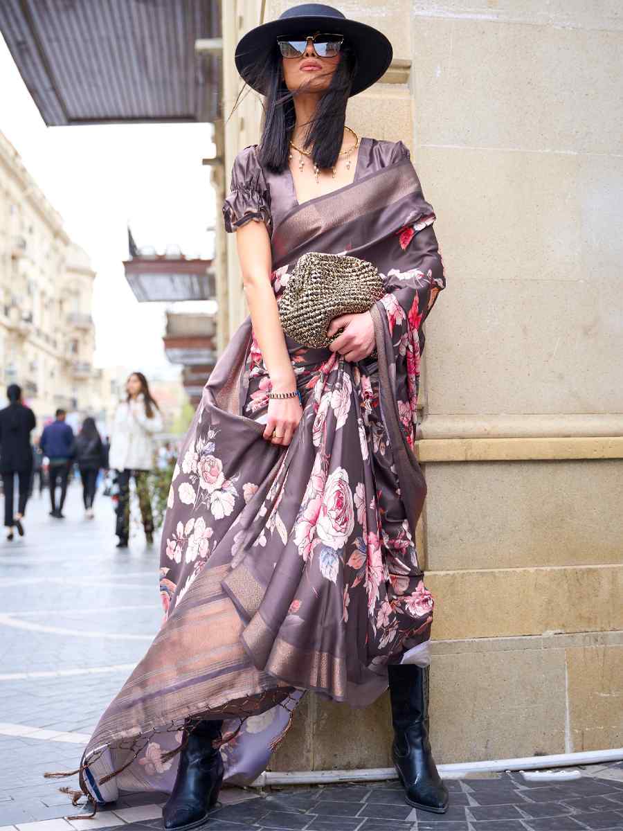 Coffee Brown Silk Printed Casual Party Classic Style Saree