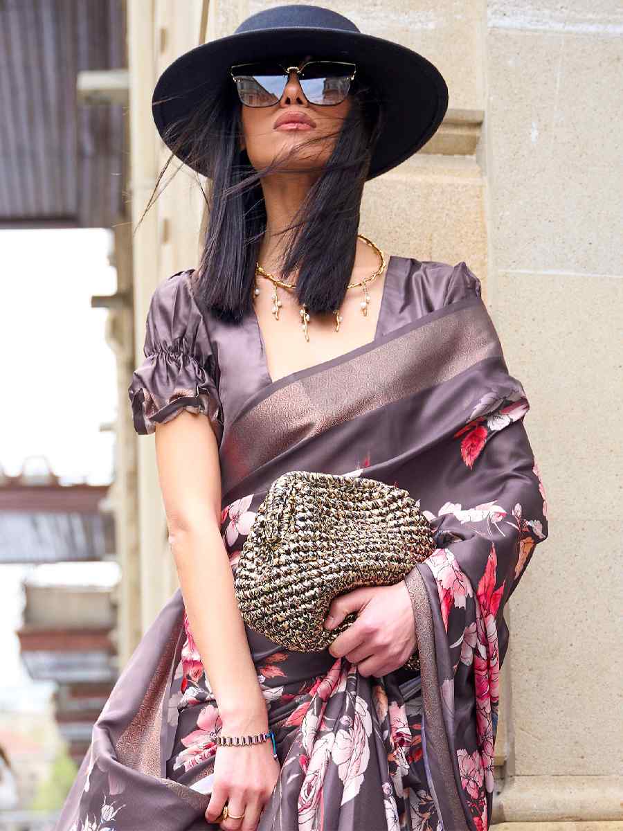 Coffee Brown Silk Printed Casual Party Classic Style Saree
