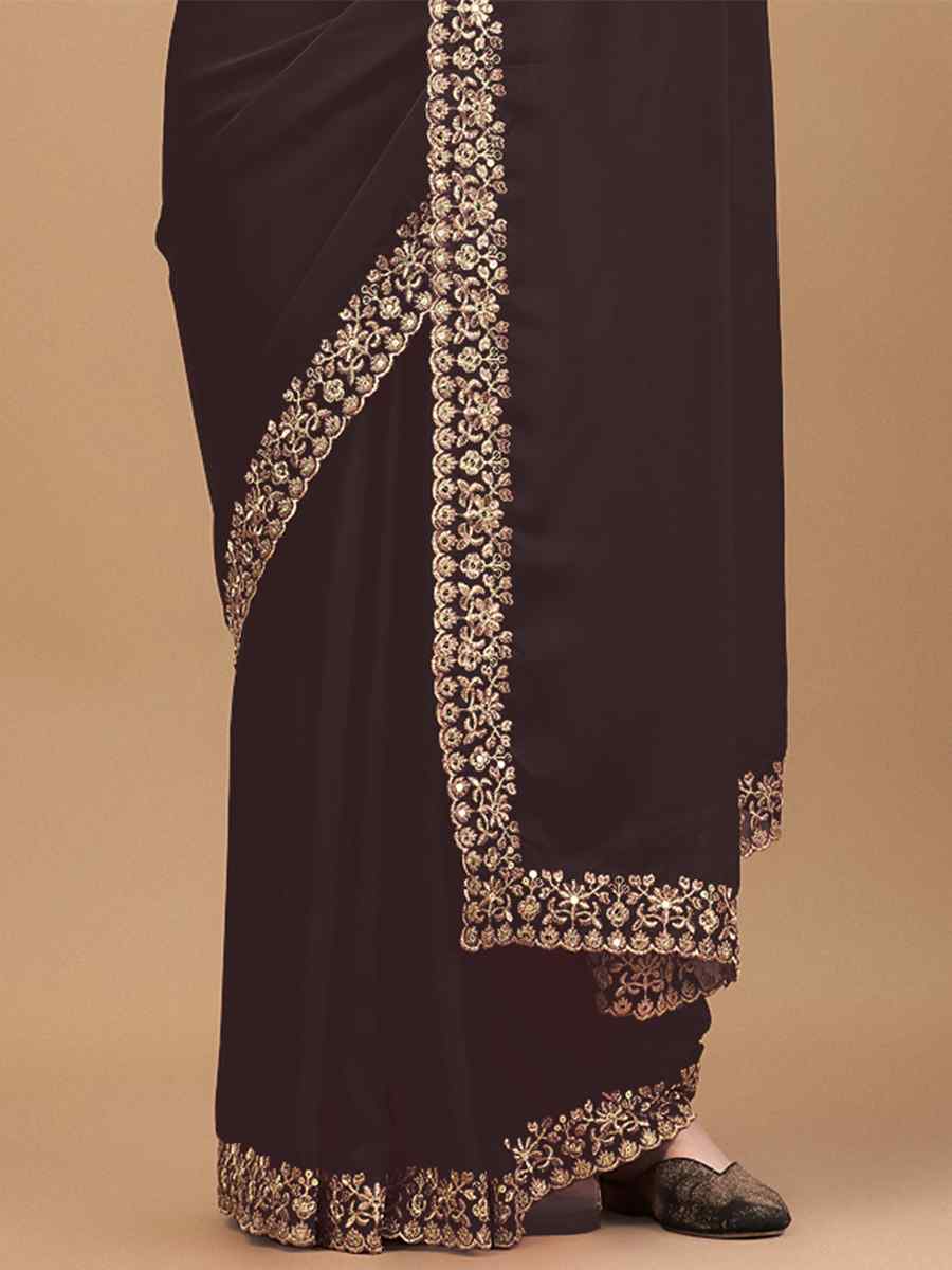 Coffee Brown Soft Georgette Embroidered Party Festival Classic Style Saree