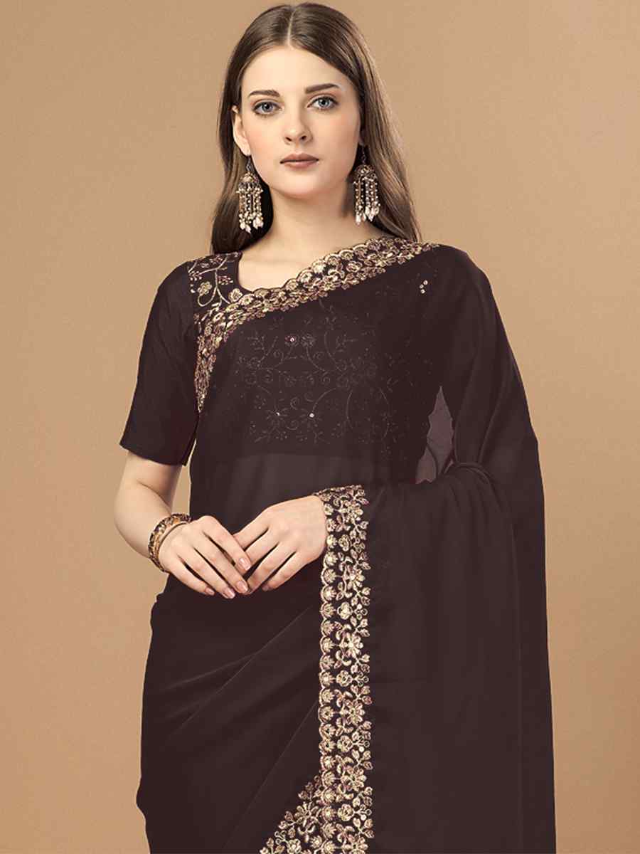 Coffee Brown Soft Georgette Embroidered Party Festival Classic Style Saree