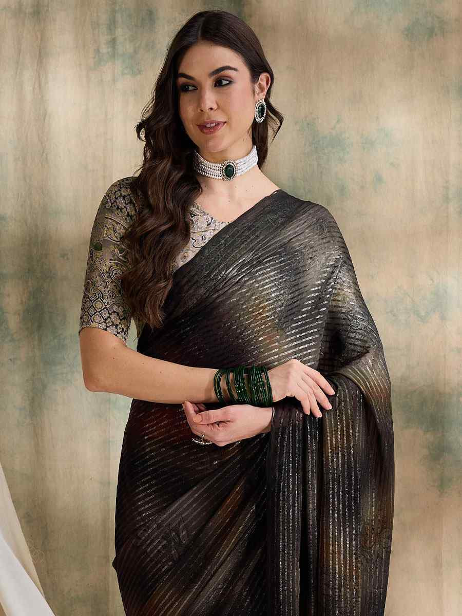 Coffee Brown Sparkle Lining Silk Printed Casual Reception Festival Wedding Fancy Classic Style Sarees