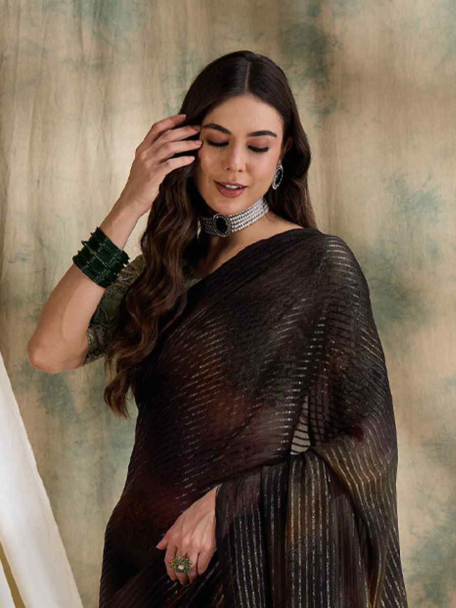 Coffee Brown Sparkle Lining Silk Printed Casual Reception Festival Wedding Fancy Classic Style Sarees