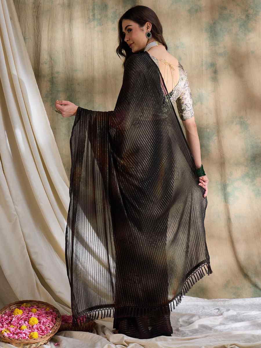 Coffee Brown Sparkle Lining Silk Printed Casual Reception Festival Wedding Fancy Classic Style Sarees