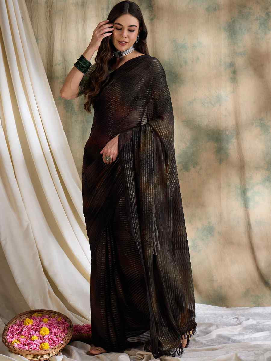 Coffee Brown Sparkle Lining Silk Printed Casual Reception Festival Wedding Fancy Classic Style Sarees