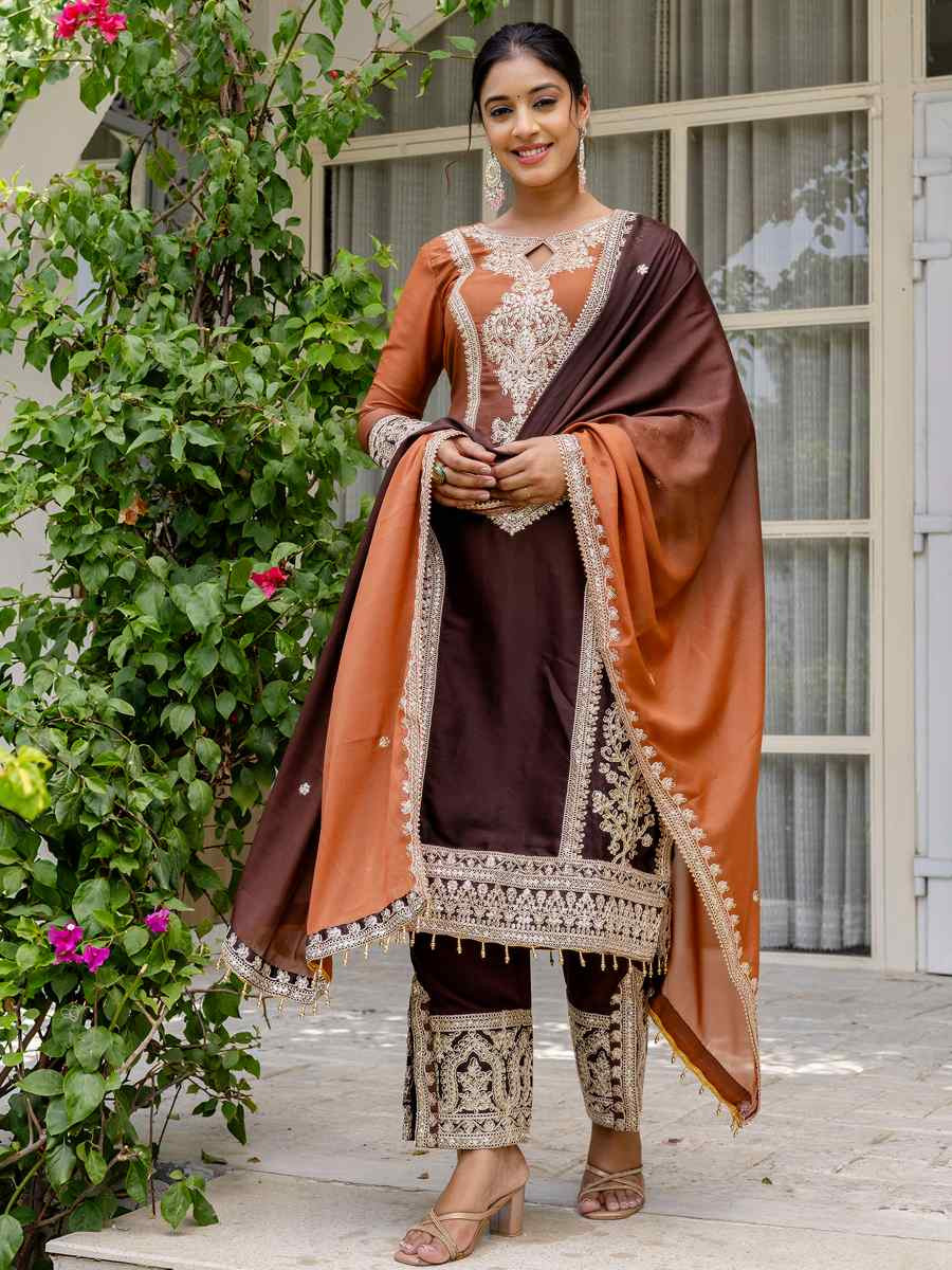 Coffee Brown Star Georgette Embroidered Festival Casual Ready Pant Salwar Kameez