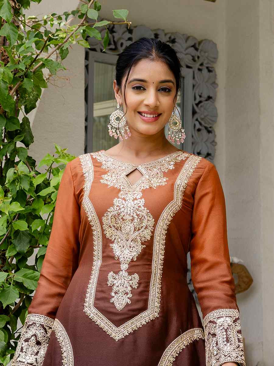 Coffee Brown Star Georgette Embroidered Festival Casual Ready Pant Salwar Kameez