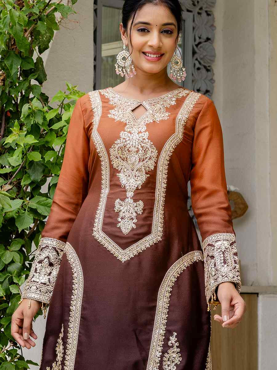 Coffee Brown Star Georgette Embroidered Festival Casual Ready Pant Salwar Kameez