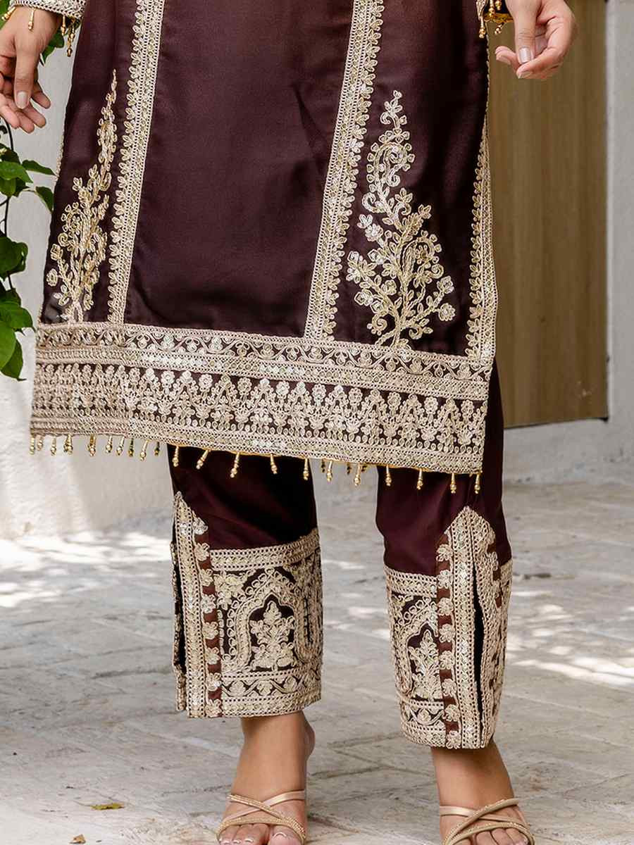 Coffee Brown Star Georgette Embroidered Festival Casual Ready Pant Salwar Kameez