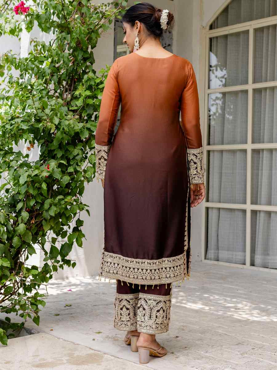 Coffee Brown Star Georgette Embroidered Festival Casual Ready Pant Salwar Kameez