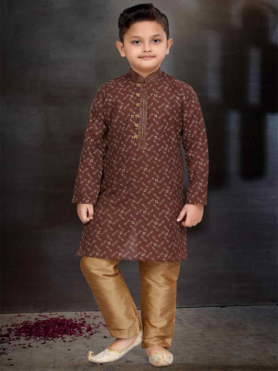 Coffee Cotton Printed Festival Traditional Kurta Pyjama Boys Wear