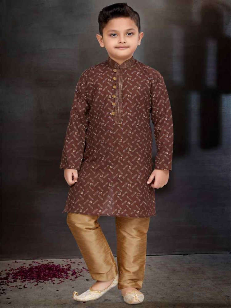 Coffee Cotton Printed Festival Traditional Kurta Pyjama Boys Wear