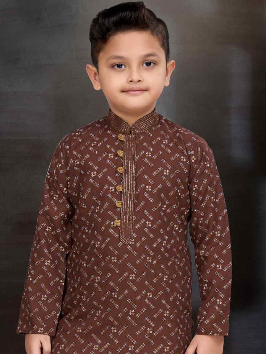 Coffee Cotton Printed Festival Traditional Kurta Pyjama Boys Wear