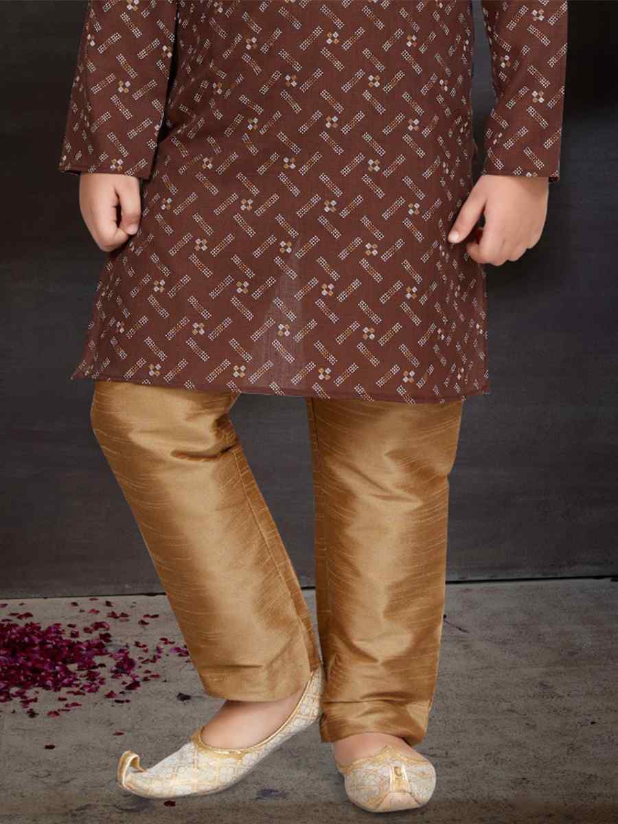 Coffee Cotton Printed Festival Traditional Kurta Pyjama Boys Wear