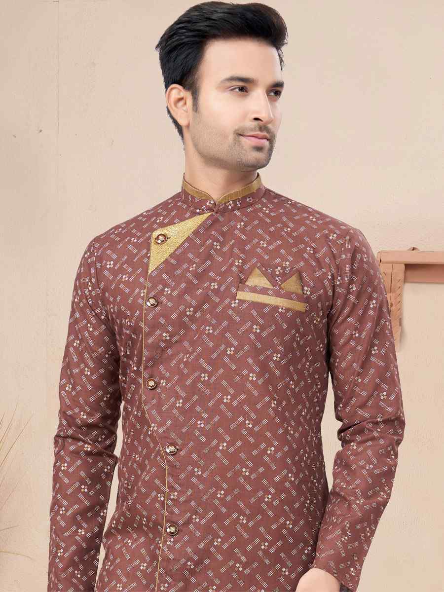 Coffee Cotton Printed Wedding Festival Sherwani