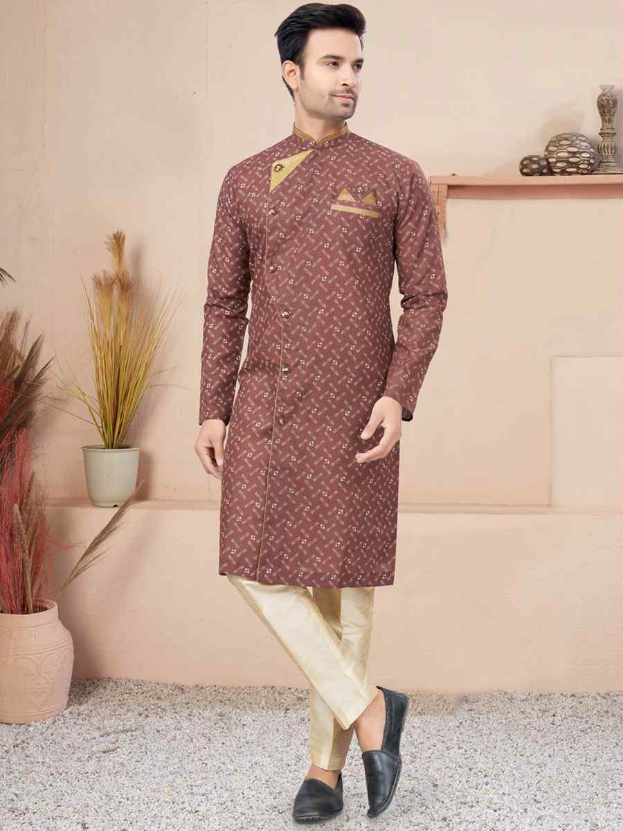 Coffee Cotton Printed Wedding Festival Sherwani