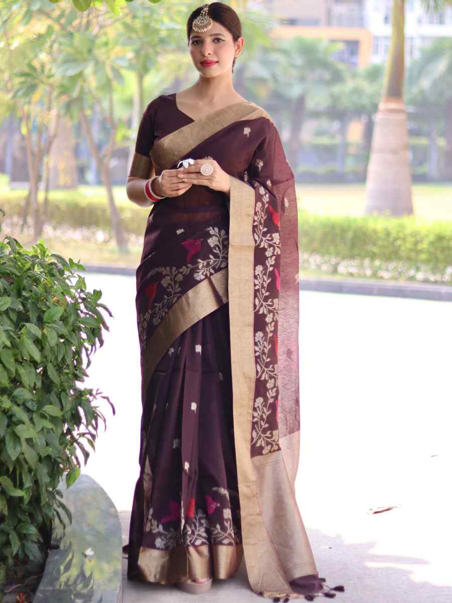 Coffee Cotton Silk Handwoven Casual Festival Classic Style Saree
