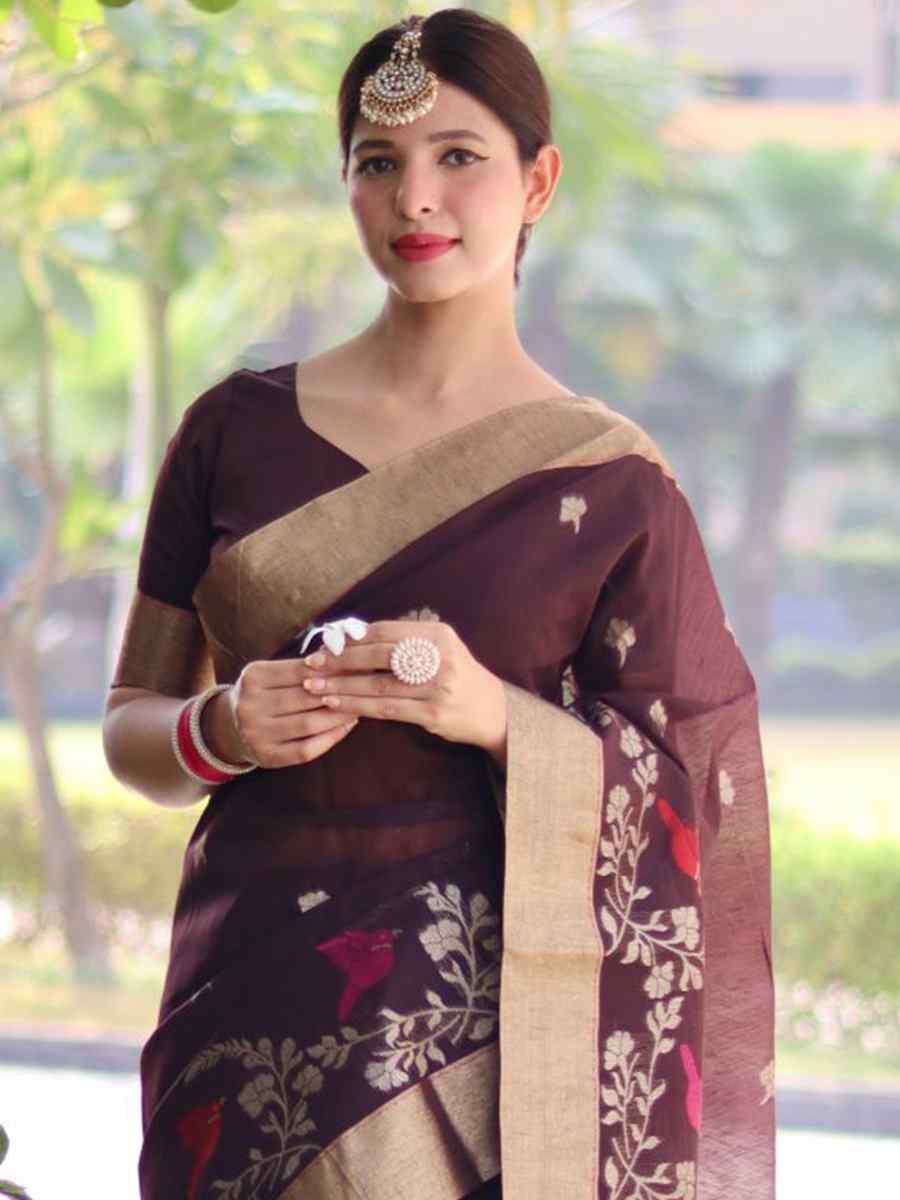 Coffee Cotton Silk Handwoven Casual Festival Classic Style Saree