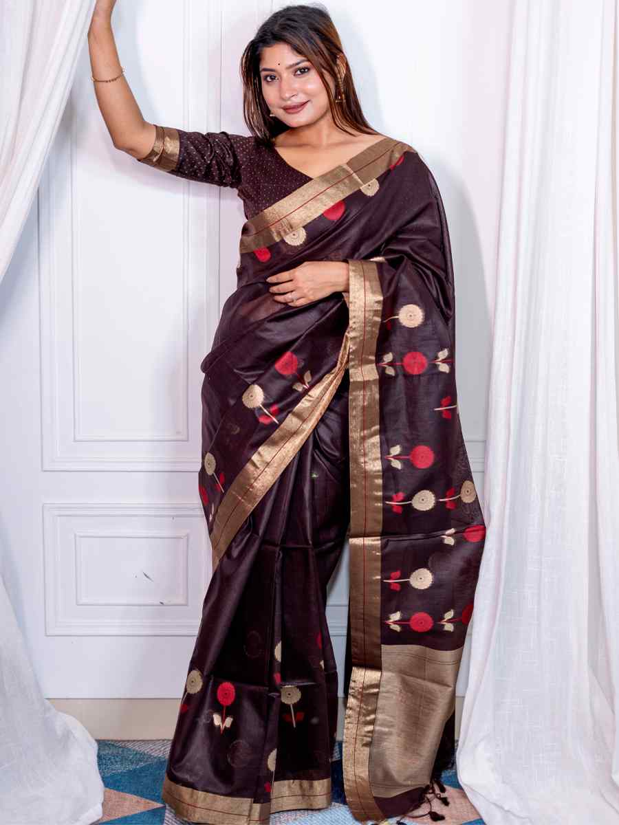 Coffee Cotton Silk Handwoven Casual Festival Classic Style Saree