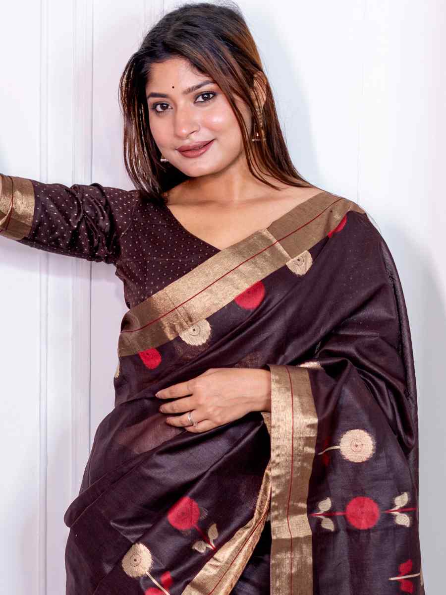 Coffee Cotton Silk Handwoven Casual Festival Classic Style Saree