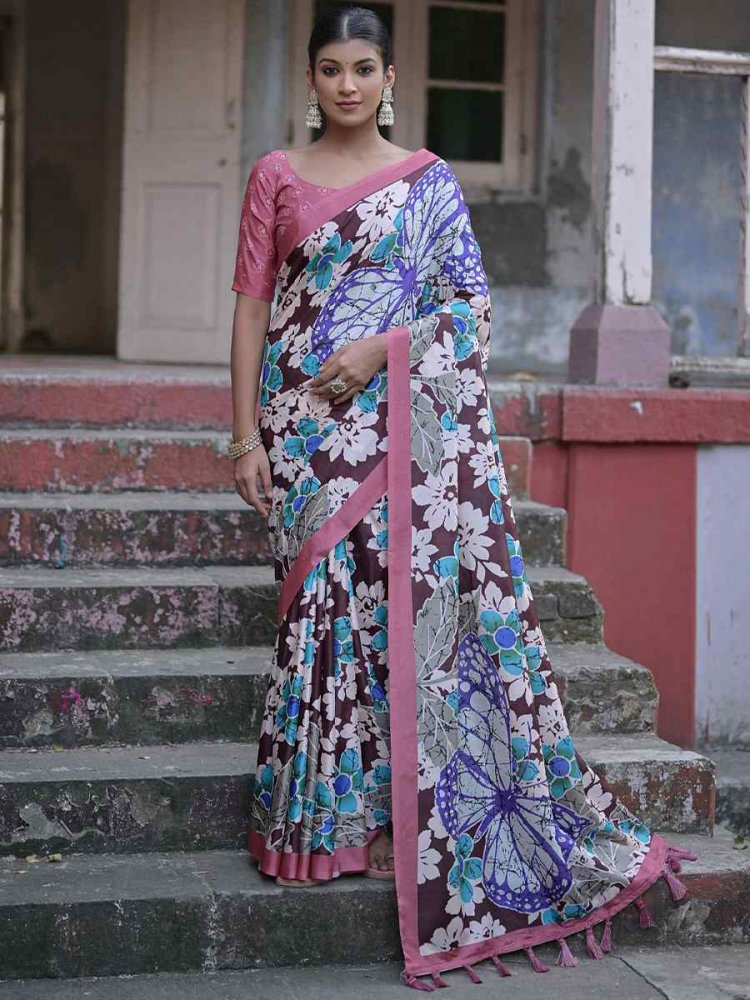 Coffee Cotton Silk Printed Casual Festival Contemporary Saree