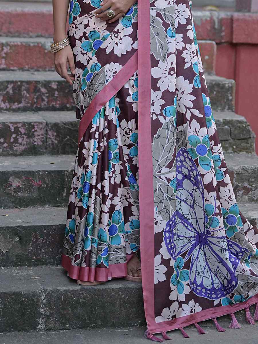 Coffee Cotton Silk Printed Casual Festival Contemporary Saree