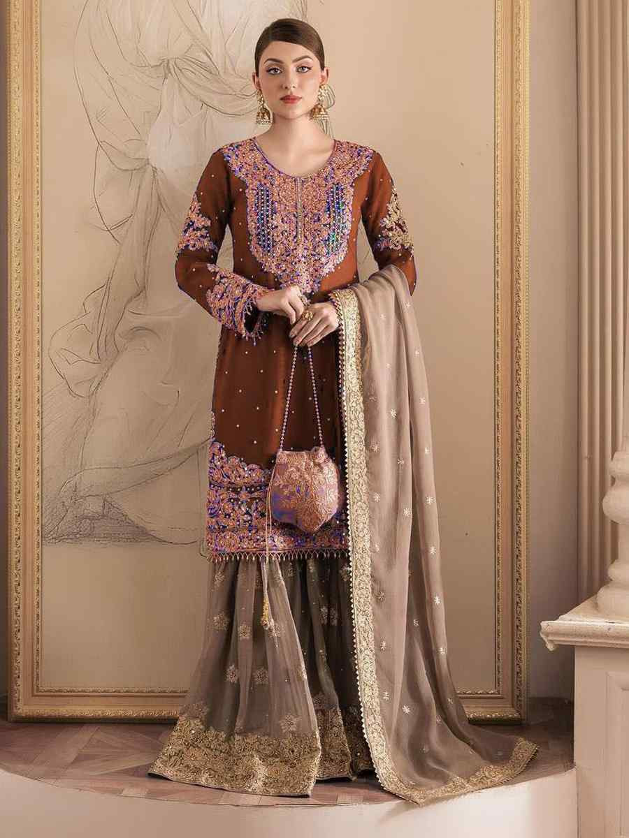 Coffee Faux Georgette Embroidered Festival Wedding Sharara Pant Salwar Kameez