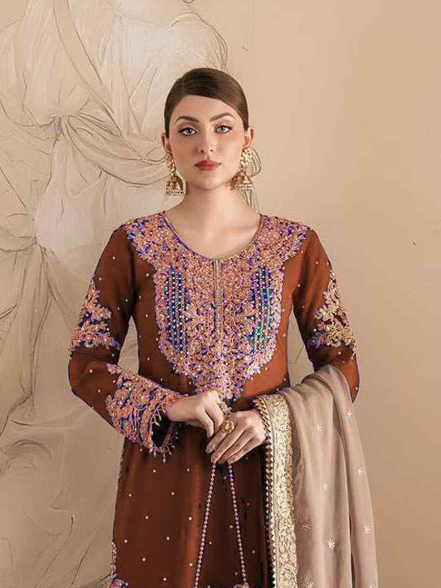 Coffee Faux Georgette Embroidered Festival Wedding Sharara Pant Salwar Kameez