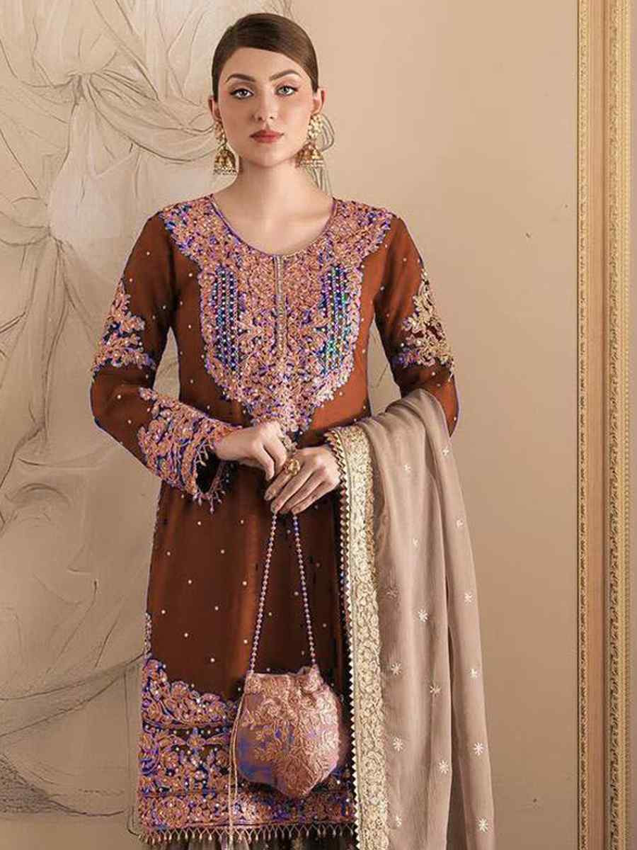 Coffee Faux Georgette Embroidered Festival Wedding Sharara Pant Salwar Kameez