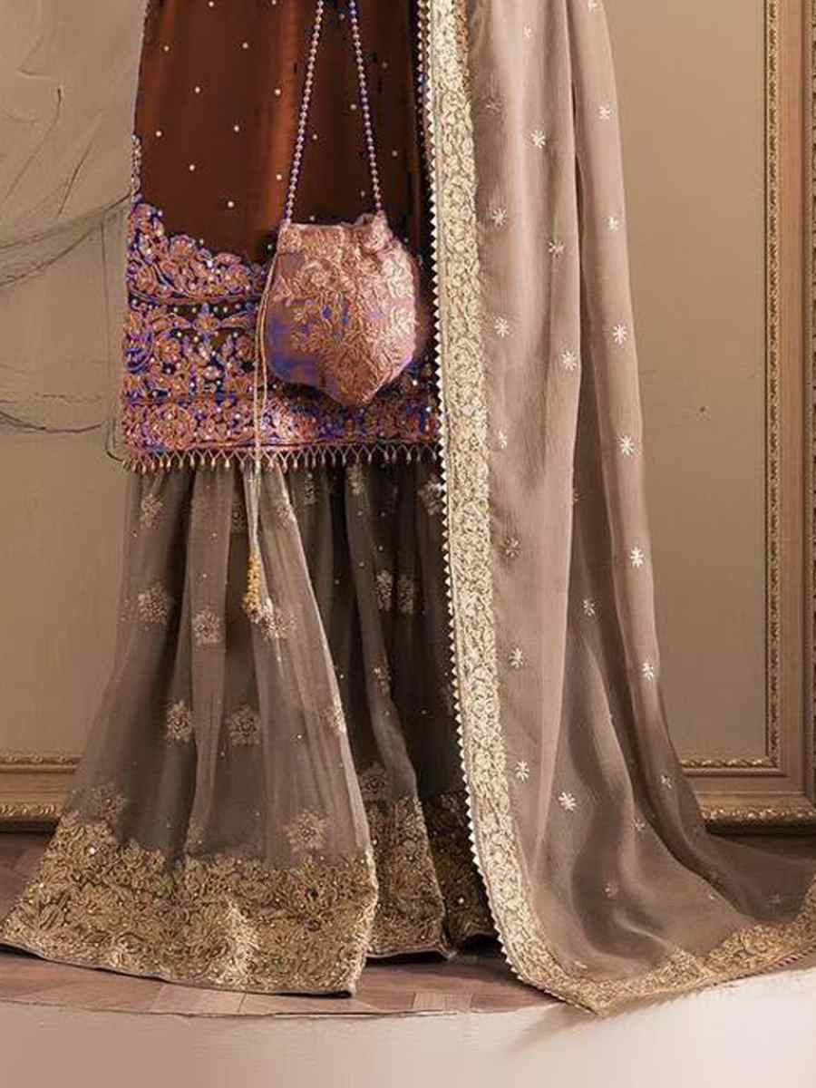 Coffee Faux Georgette Embroidered Festival Wedding Sharara Pant Salwar Kameez