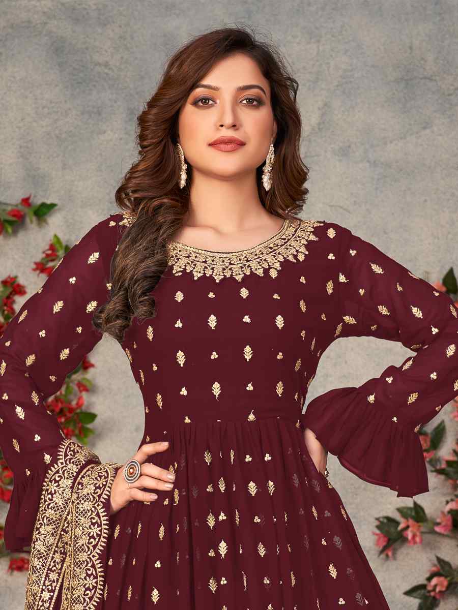 Coffee Faux Georgette Embroidered Wedding Festival Palazzo Pant Salwar Kameez