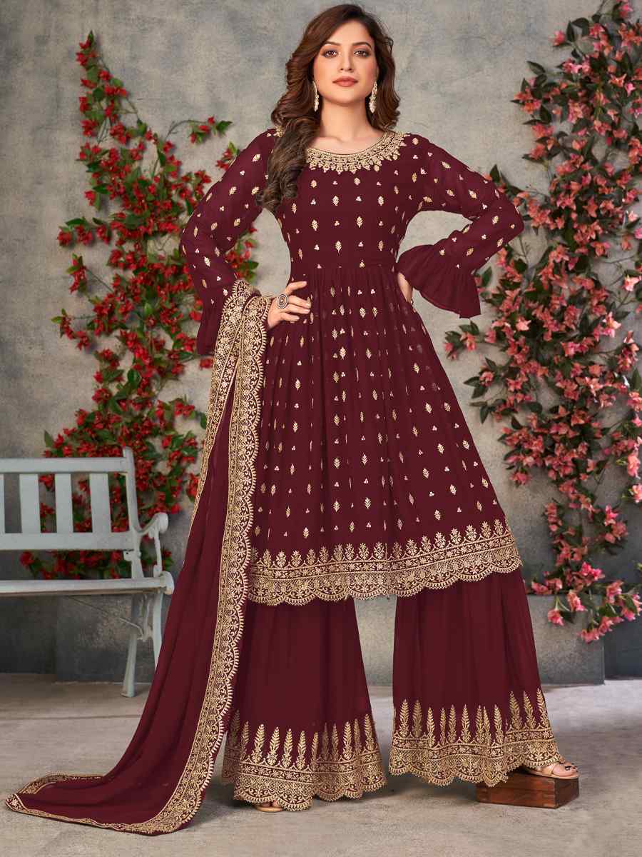 Coffee Faux Georgette Embroidered Wedding Festival Palazzo Pant Salwar Kameez