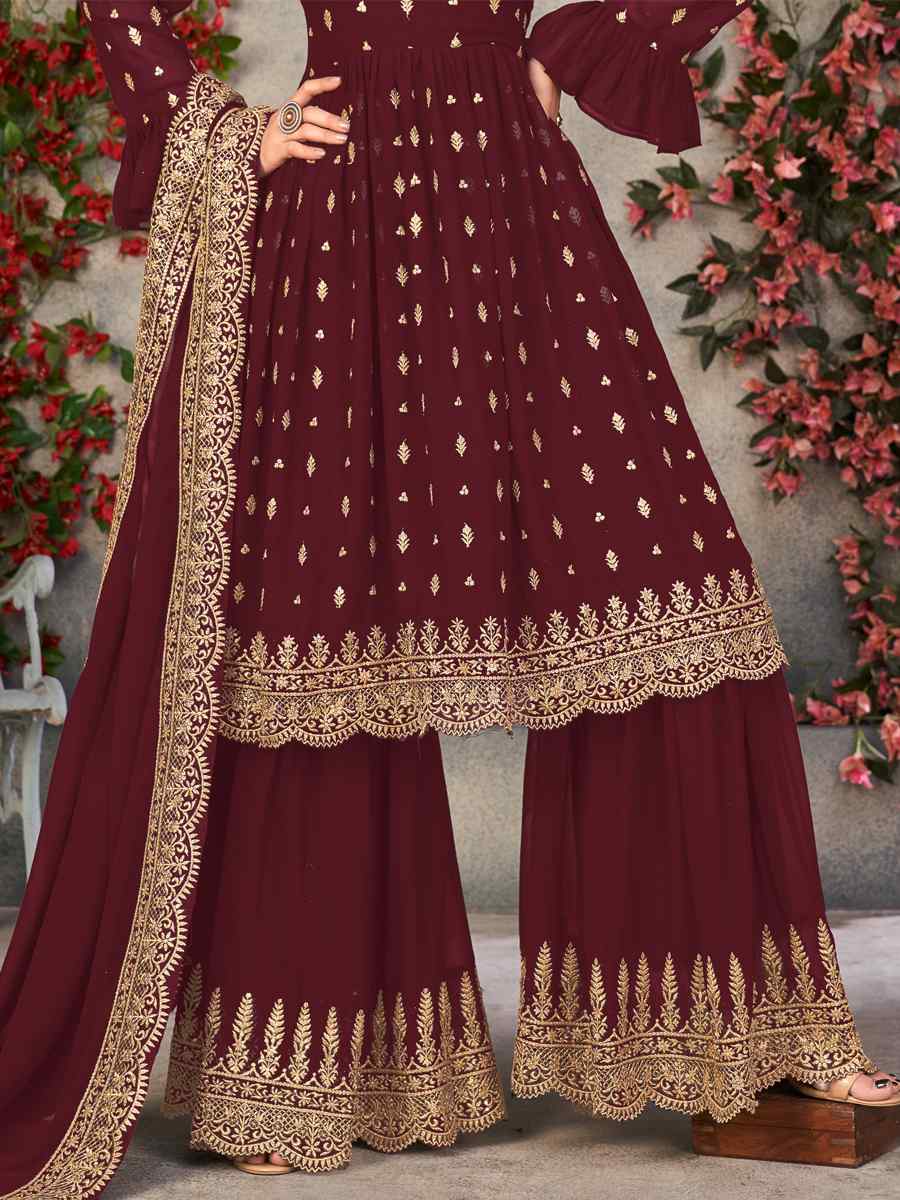 Coffee Faux Georgette Embroidered Wedding Festival Palazzo Pant Salwar Kameez