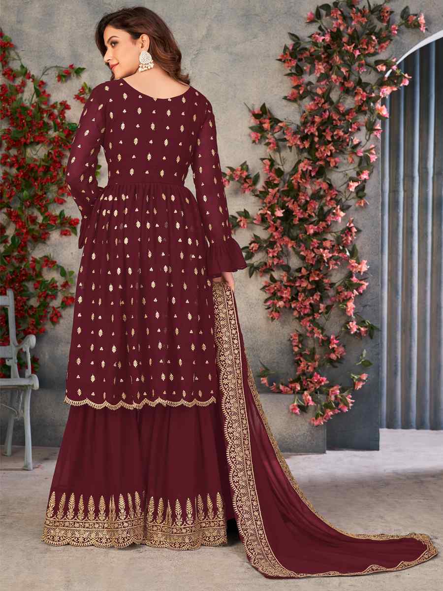 Coffee Faux Georgette Embroidered Wedding Festival Palazzo Pant Salwar Kameez