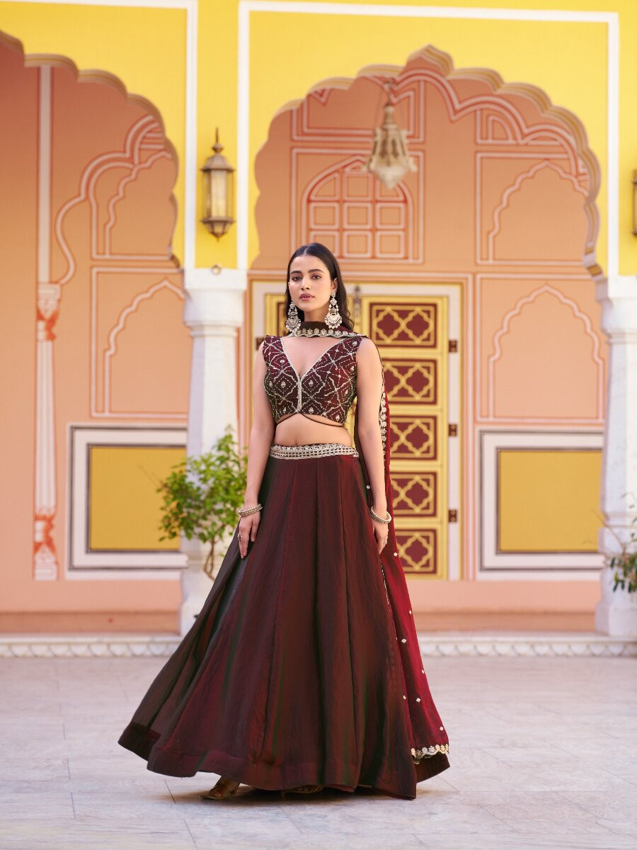 Coffee Fendy Silk Embroidery Sequins Wedding Reception Party Festival Circular Lehenga Choli