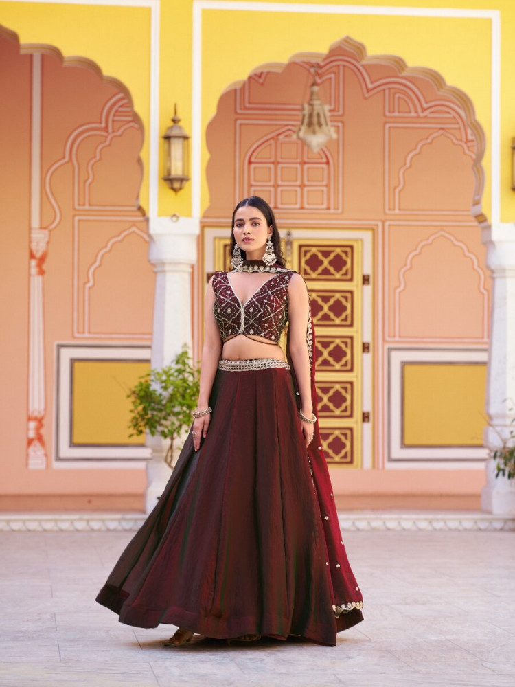 Image of Coffee Fendy Silk Embroidery Sequins Wedding Reception Party Festival Circular Lehenga Choli