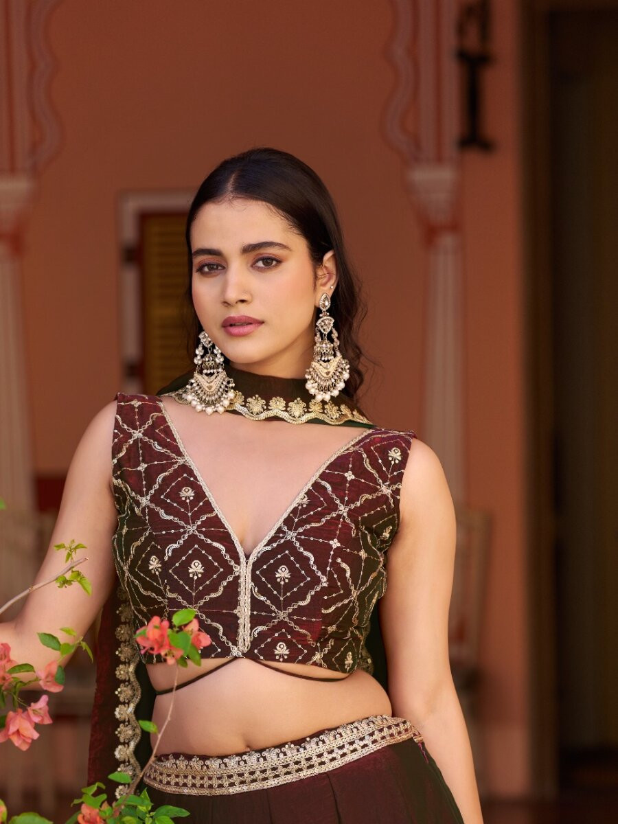 Coffee Fendy Silk Embroidery Sequins Wedding Reception Party Festival Circular Lehenga Choli