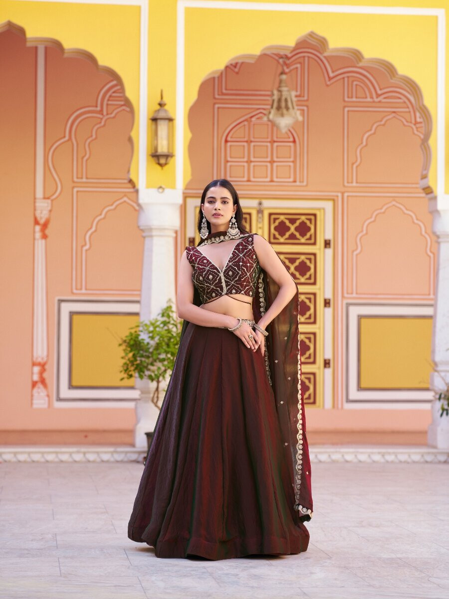 Coffee Fendy Silk Embroidery Sequins Wedding Reception Party Festival Circular Lehenga Choli