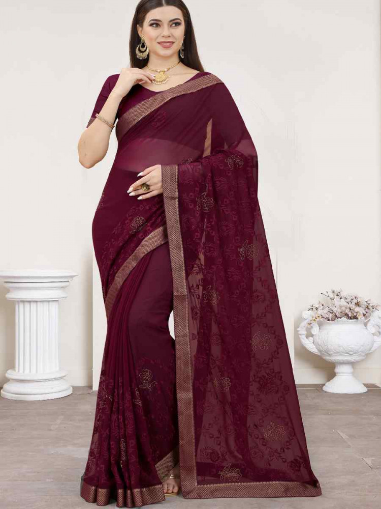 Image of Coffee Georgette Embroidery Casual Reception Festival Wedding Fancy Heavy Border Saree