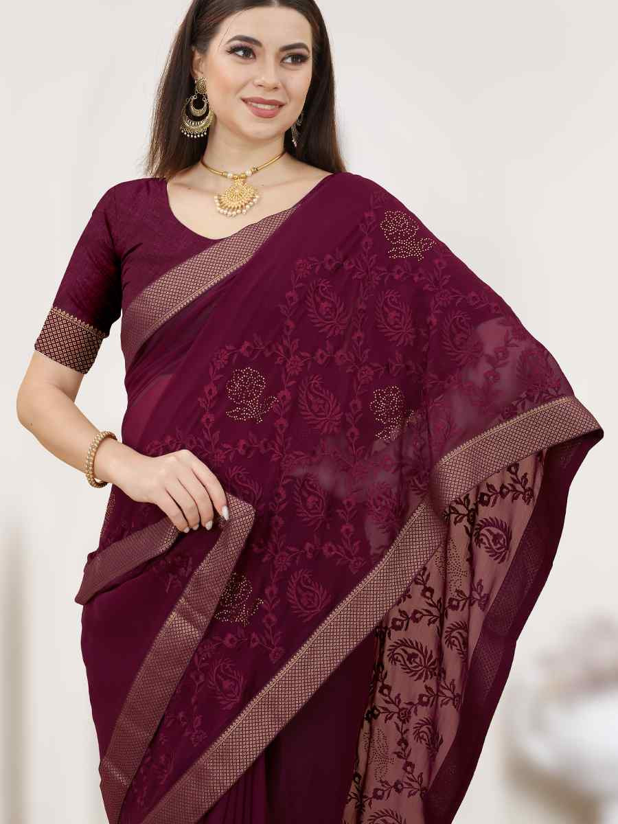 Coffee Georgette Embroidery Casual Reception Festival Wedding Fancy Heavy Border Saree