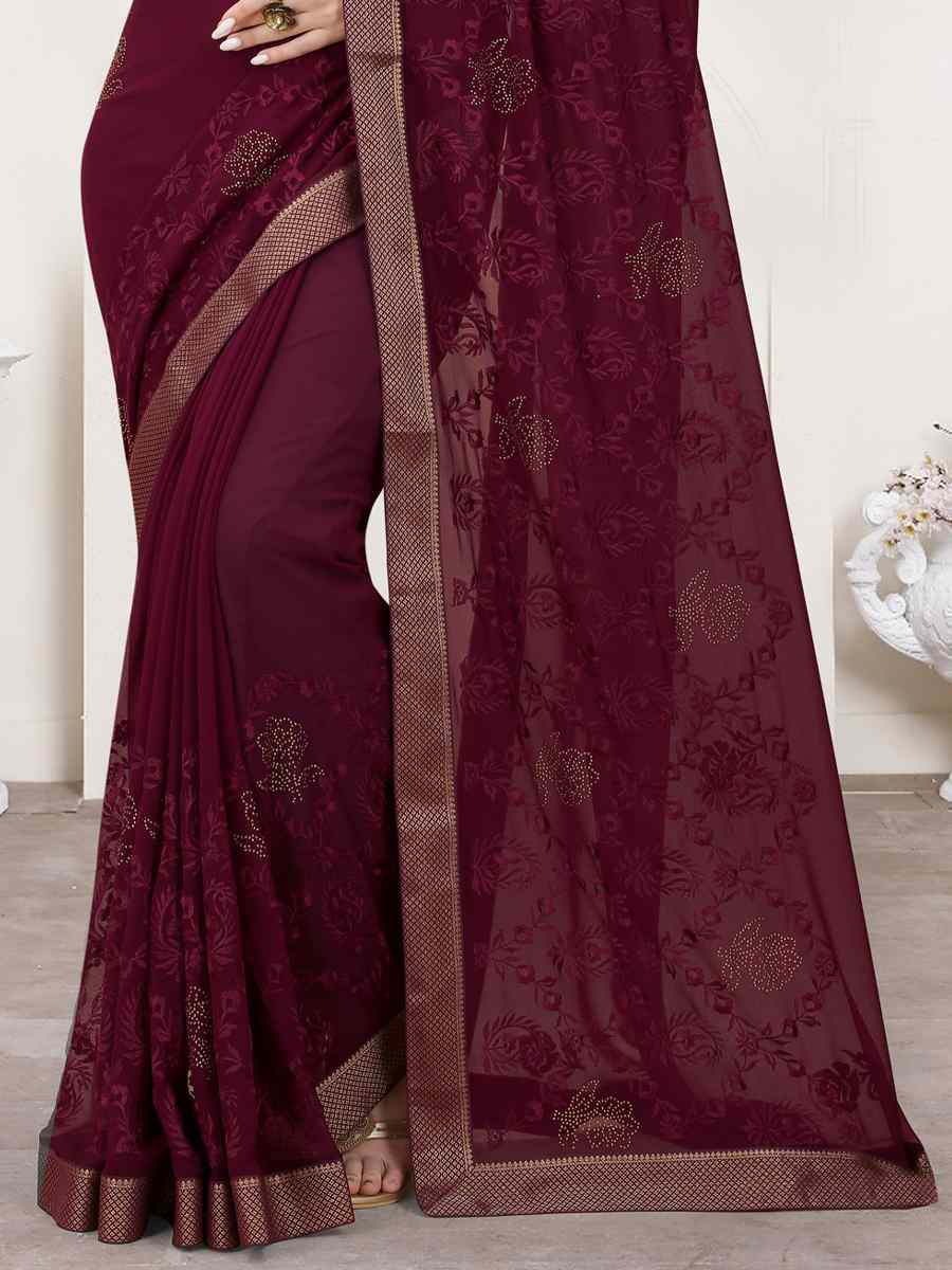 Coffee Georgette Embroidery Casual Reception Festival Wedding Fancy Heavy Border Saree