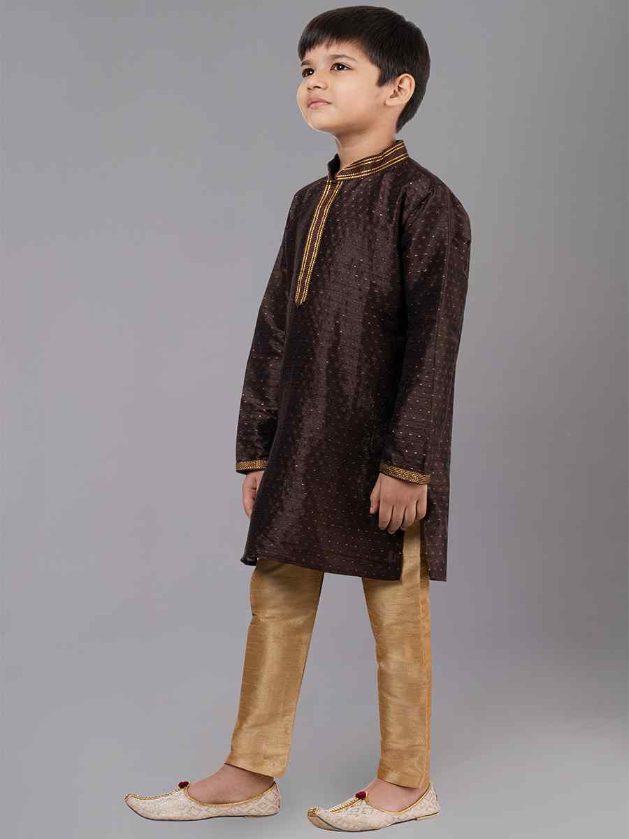 Coffee Polyester Cotton Embroidered Festival Traditional Kurta Pyjama Boys Wear