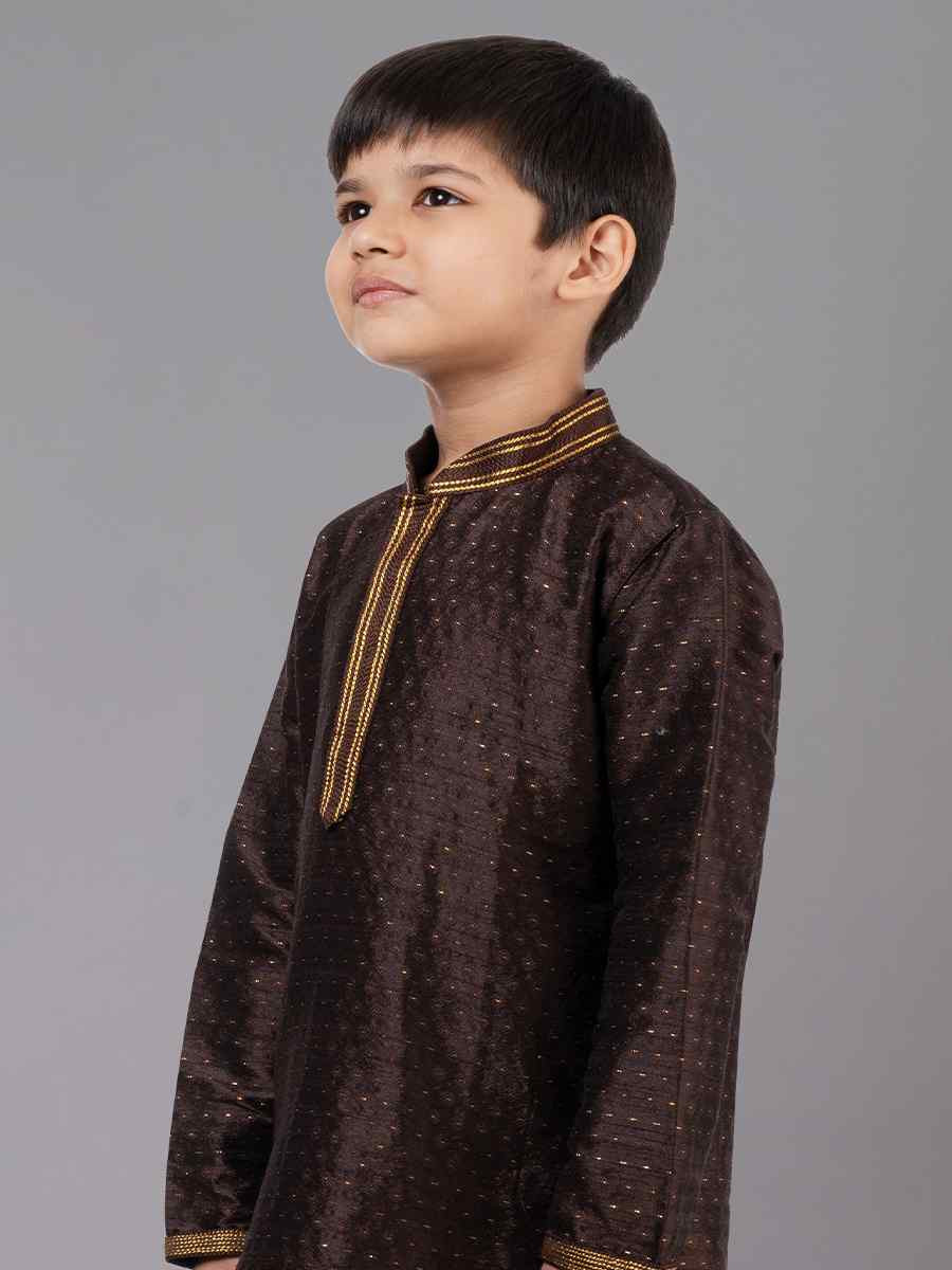 Coffee Polyester Cotton Embroidered Festival Traditional Kurta Pyjama Boys Wear